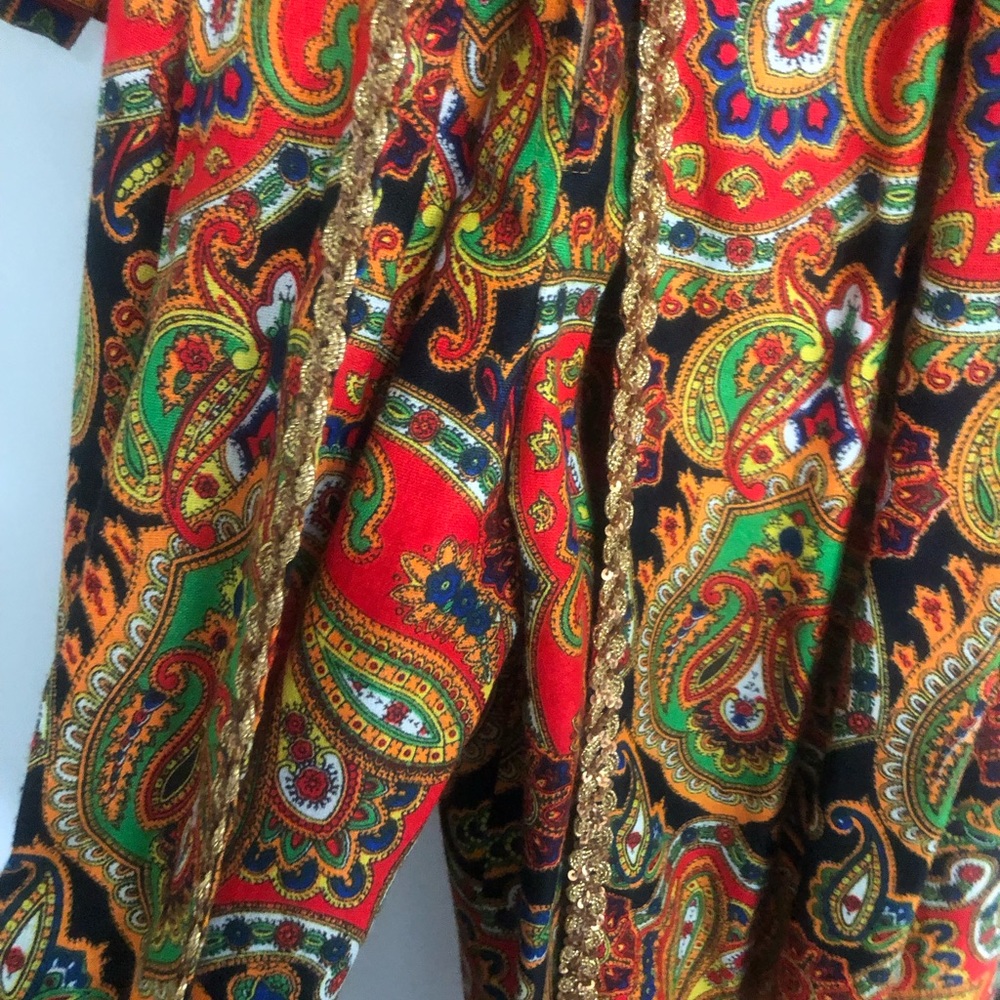 Vtg Jumpsuit 60s 70s Psychedelic Paisley Palazzo Leg Gold Rick Rack Trim S-XS - Picture 5 of 12